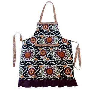 World Market Cotton Bib Apron Ruffle Floral Orange Purple Black White Boho 24x30